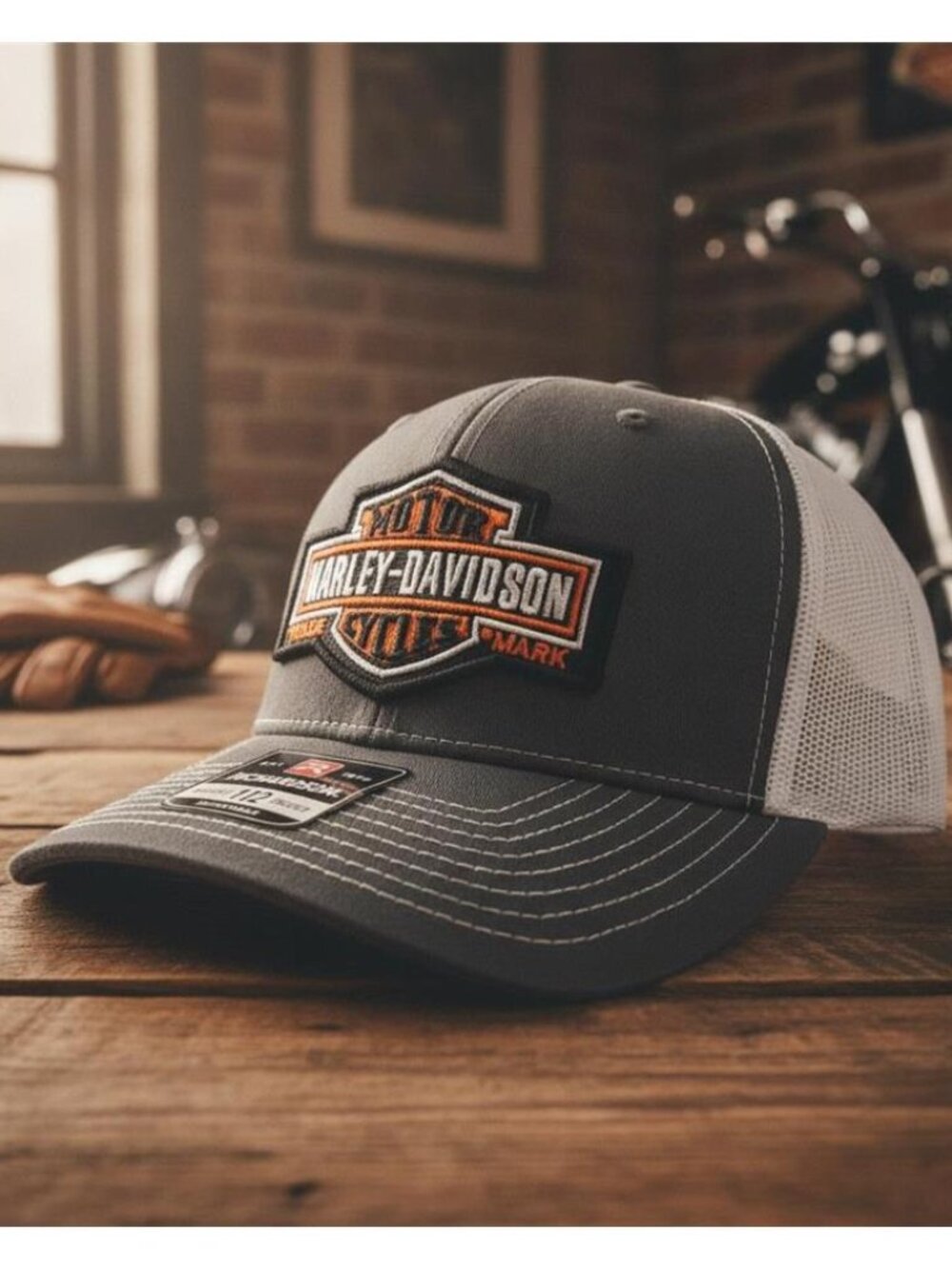 Harley Davidson Patch Charcoal White Richardson 112 Snapback Hat Biker Retro 80s